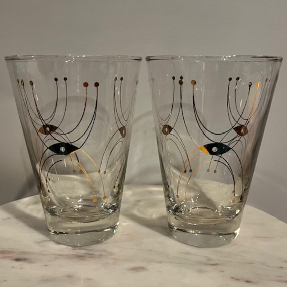 Pair of Vintage MCM Libbey Adagio 8oz Glasses with Gold Design - Picture 2 of 6